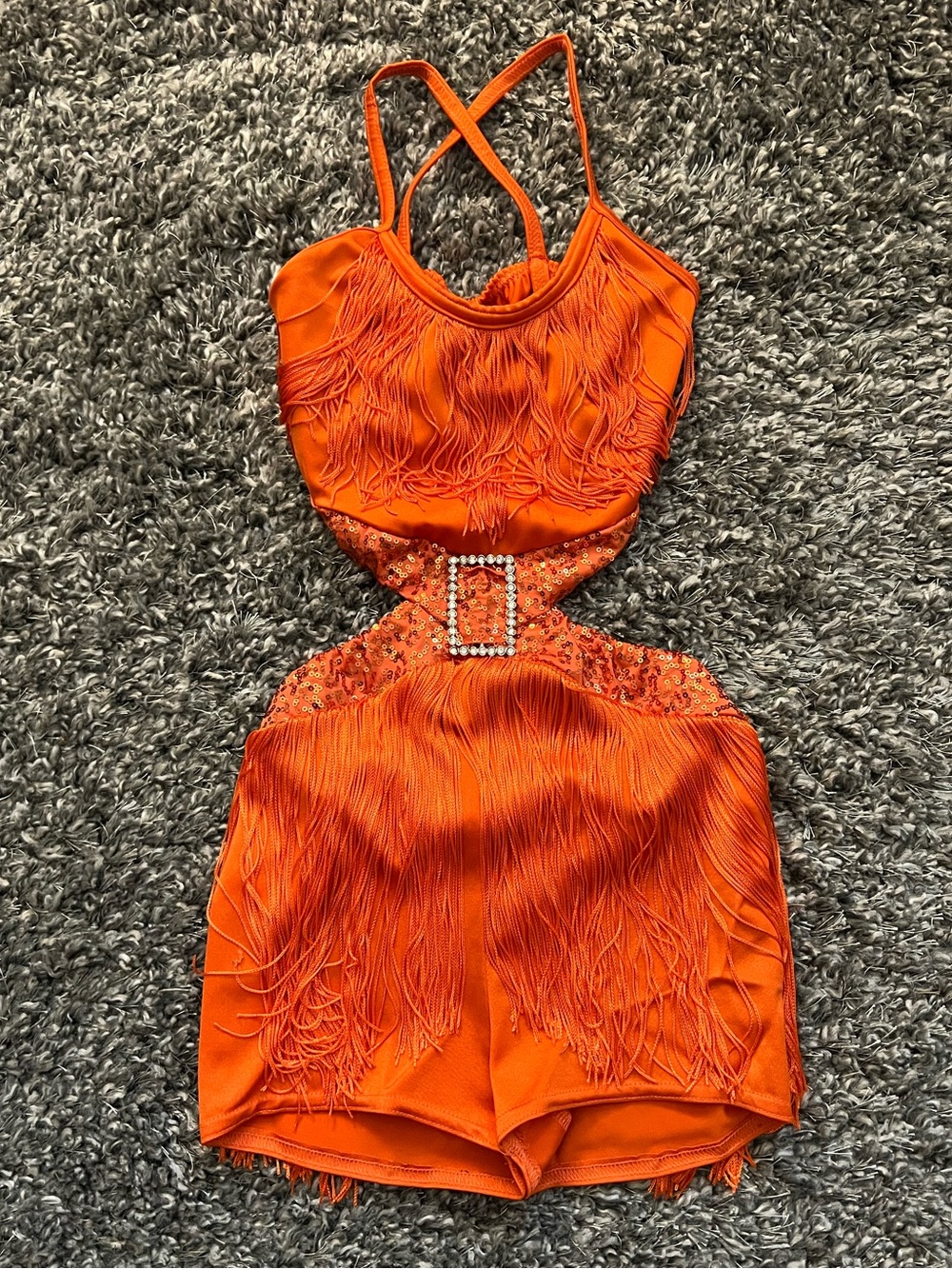Orange Fringe Dance Costume with Rhinestone Buckle -  Child Large